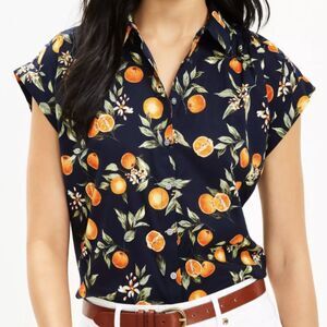 Loft Womens L Orange Harvest Dolman Everyday Blue Shirt Button Collar Cap Sleeve